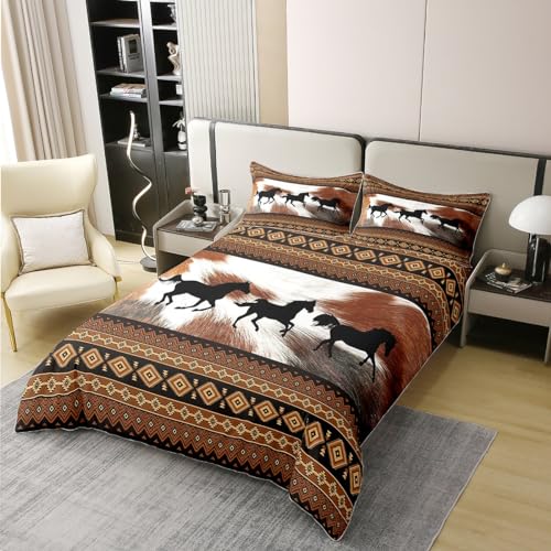 100% Baumwolle Südwestern Geometrische Bettbezug 200×200 Galloping Horse Farm Tier Tröster Bezug Rindsleder Print Retro Brown Bettwäsche Set für Jungen Mädchen Schlafzimmer Atmungsaktive Quilt Cover von richhome