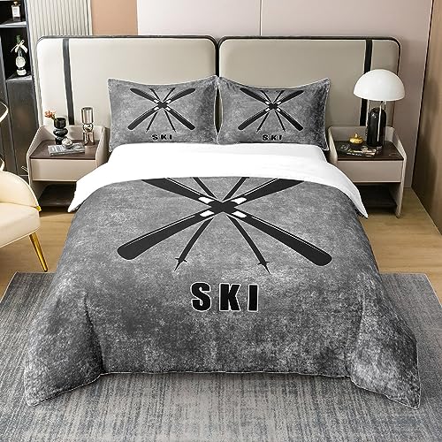 100% Baumwolle Winter Ski Graffiti Bettbezug, Grau Countryside Bettwäsche Set für Raum Dekor, Sport Thema Erwachsene Skifahren die ganze Saison Bettwäsche mit Reißverschluss Verschluss 135x200 von richhome