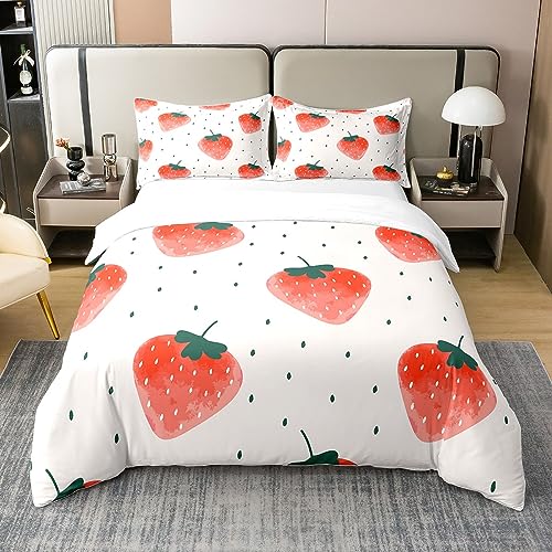 100% Natur Baumwolle Aquarell Erdbeeren Bettbezug 135x200,Cartoon Hand zeichnen Früchte rote Erdbeere Bettwäsche Set, Schwarze Punkte Tröster Abdeckung von richhome