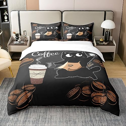 100% Natur Baumwolle Cartoon Katzen Bettbezug für Teens, Niedliche Tiere Kaffee Kellner Bettwäsche Set für Zimmer Dekor, braune Kaffeebohnen Schwarz All Season Bettwäsche mit Reißverschluss 135x200 von richhome