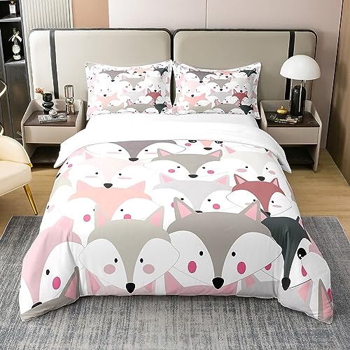 100% Natur Baumwolle Kawaii Fuchs Bettbezug 155x220,Aquarell Wild Animals Lover Super Soft Bettwäsche Set die ganze Saison, Hand Draw Füchse Cartoon Doodle Tröster Abdeckung Bettwäsche (kein Tröster) von richhome