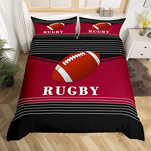 Abstrakte Rugby Bettbezug 135x200 rot schwarz weiß Streifen dekorative Bettwäsche Set für Jungen Jugendliche Aquarell Fußball Extreme Sports Style Comforter Cover mit 1 Kissenbezug von richhome