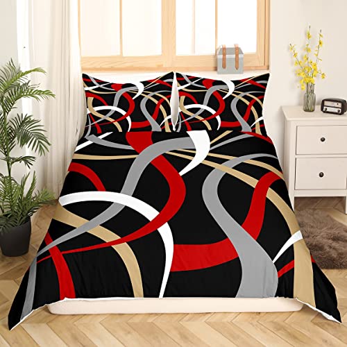 Abstrakte Streifen Bettwäsche Set 135x200 für Schlafzimmer dekorativ, Moderne geometrische einfache Art Bettbezug, Hippie Geometrie Rot Grau Schwarz Bettwäsche Quilt Cover mit 1 Kissenbezüge von richhome