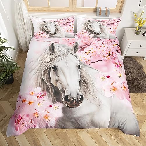 Abstraktes Pferd Bettbezug Aquarell Weiß Wild Tier Bettwäsche Set Rosa Natürliche Kirschblüte Träumende Tröster Abdeckung mit 1 Kissenbezug 135x200 von richhome