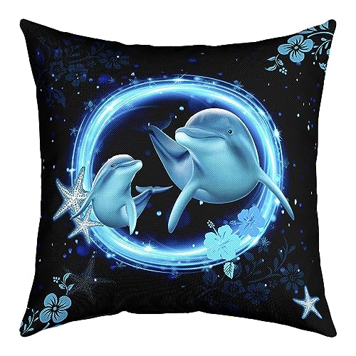 Aquarell Delfin Seestern Kissenbezug für Couch Sofa, Ozeantiere Blau Helle Geometrie Kreis Kissenbezug 55x55 für Kinder, Retro Mohnblumen Drucken Quadratisches Kissen von richhome