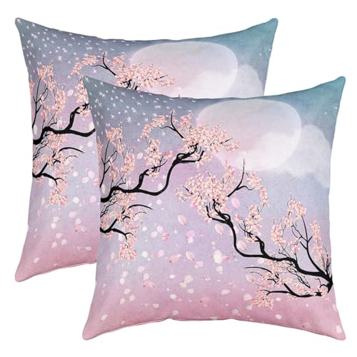 Aquarell Kirschblüte Kissenbezüge für Kinder Teens, Japanische Botanische Pflanzen Kissenbezüge 60x60 Set von 2,Vintage rosa Mond Zimmer Kissenbezüge für Couch und Bett von richhome