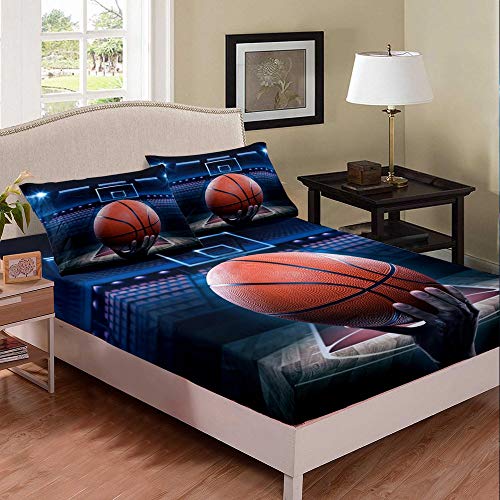 Basketball Brown Spannbettlaken 140x200cm Basketball schießen Spannbetttuch für Kinder Jungen Mädchen Basketball Platz Bettbezug-Set Bettwäsche Spannbetttuch 2St von richhome