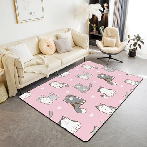 Cartoon Katze Bereich Teppich 150x200,Nette Haustier Tiere Dekor rutschfeste Teppich für Jugendliche Erwachsene, Aquarell rosa Innenbodenmatte für Stühle Sofa Schlafzimmer von richhome