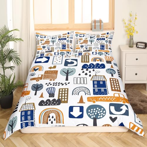 richhome Cartoon Stadt Bettwäsche Set für Kinder,Aquarell Regenbogen Haus LKW Tröster Abdeckung mit Reißverschluss,Abstrakte Bäume Country Style Bettwäsche Set 135x200,Jungen Mädchen Ultra Soft Quilt Cover, CYJS12568ZJ-TJ_USt von richhome