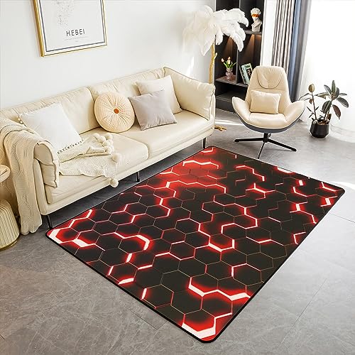 Geometrie Hexagon 100x150,Rot Neon Geometrische Waben Muster Wohnzimmer Dekor rutschfeste Dekorative Teppich für Bett, Fußball Textur Geometrie Kunst Nicht Verschütten Teppich für Erwachsene von richhome