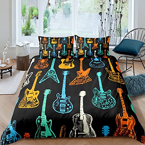 richhome Gitarre Bettwäsche-Set,Rock-Bass-Musikinstrument Bettwäsche Set 135x200cm,Aquarell E-Gitarre Betten Set für Kinder Jungen Mädchen Teenager 2St.Reißverschluss Mikrofaser von richhome