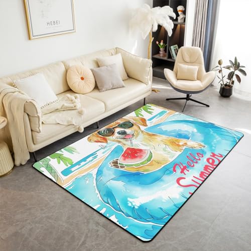 Hallo Sommer Bereich Teppich 150x200,Aquarell Cartoon Hund Dekor rutschfeste Teppich für Jugendliche Erwachsene, Wassermelone Schwimmbad Innenbodenmatte für Stühle Sofa Schlafzimmer von richhome