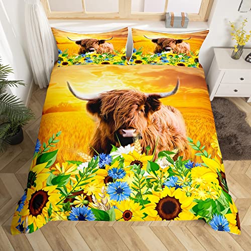 Highland Cattle Kinder Bettbezug Set 200x200,Sonnenblumen Crops Kuh rustikale Bettwäsche Set,Jungen Mädchen Erwachsene Zimmer Dekoration,Bauernhof Tiere Tröster Abdeckung,2 Kissenbezüge von richhome