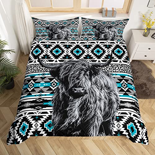 Highland Cow Bettbezug Bohemian Style Blau Schwarz Weiß Grid Bettwäsche Set für Kinder Jugendliche Erwachsene Wild Animal Retro Tribal Plaid Bettbezug mit 1 Kissenbezug 135x200 von richhome