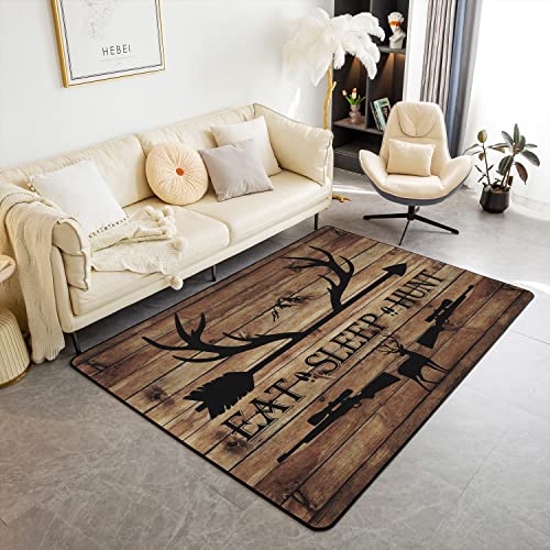 Jagd Hirsch Dekorative Teppich 150x200,Hirsch Geweih und Pfeil Druck Indoor Bodenmatte für Spielzimmer Nachttisch Sofa Schlafzimmer, Retro Brown Rustic Farm Board Nicht Verschütten Teppich von richhome