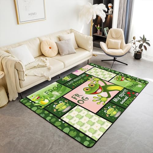 Kawaii Frosch Bereich Teppich 100x150 für Bett, Aquarell Cartoon Frösche Sommer Teppich für Büro, Retro Checker Patchwork Bodenmatte für Wohnzimmer von richhome