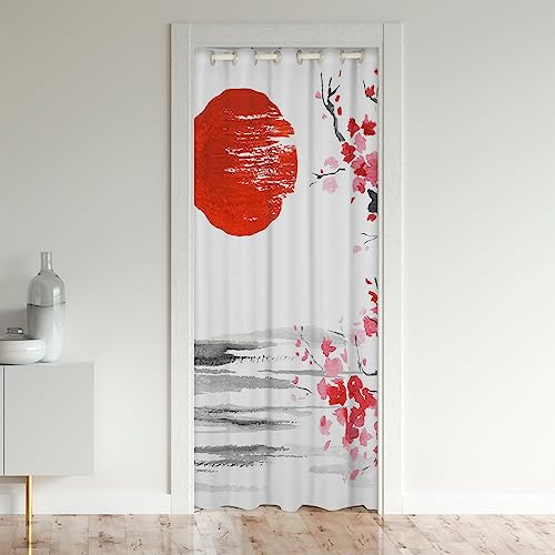 Kirschblüte Tinte Malerei Tür Vorhang, Rote Sonne Blackout Vorhang für Kinder Jungen Teens Männer, Japanische Tür Schrank Tür 1 Panel 106x203 von richhome