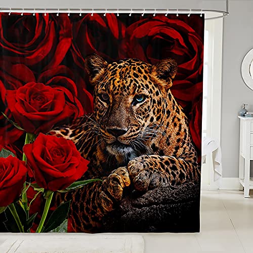 Leopard Badewannen Duschvorhang, Afrikanischer Gepard und Rote Rose Design Badevorhang Mode Tierthema Badezimmer Dekorativer Stoff Duschvorhang für Duschen und Badewannen 180 x 180 cm von richhome