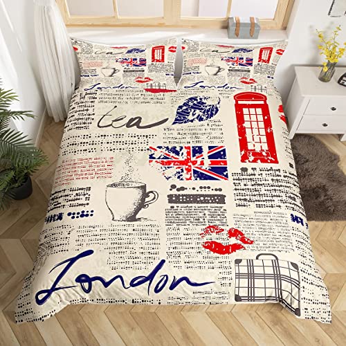 London Kinder Bettbezug Set 135x200,berühmte England Stadt Gebäude Bettwäsche Set,Jungen Mädchen Erwachsene Zimmer Dekoration,Telefonzelle alte Zeitung Graffiti Tröster Abdeckung,1 Kissenbezug von richhome