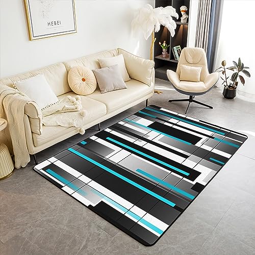 Moderne Geometrie Dekorative Teppich 150x200,Streifen Kunst Quadrat Gitter Innenbodenmatte für Spielzimmer Nachttisch Sofa Schlafzimmer, Schwarz Blau Abstrakt Nicht Verschütten Teppich von richhome