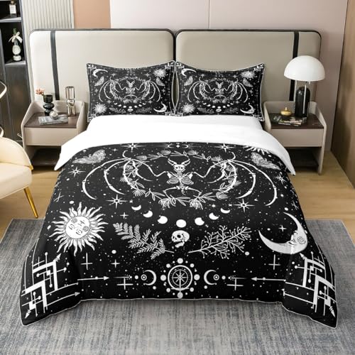 Moth 100% Baumwolle Bettbezug, Gothic Schädel Boho Sun Moon Bettwäsche Set für Schlafzimmer die ganze Saison, abstrakter Sternenhimmel Ganzjahres Bettwäsche mit Reißverschluss Verschluss 200x200 von richhome