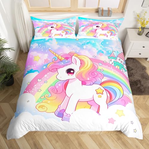 Niedliches Einhorn-Bettwäsche-Set für Kinder, Einzelbett, Regenbogen-Sterne, Wolke, verträumtes Bettwäsche-Set, Mädchen und Frauen, Raumdekoration, Cartoon-Tiere, Schloss, Mädchen-Bettwäsche, rosa und von richhome