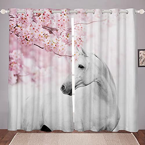 Pferd Fenstervorhang 137x117cm,Rosa Kirschblüte Vorhänge für Kinder,Bauernhaus Starkes Pferd Gardine 2er-Set Fenster Vorhänge von richhome