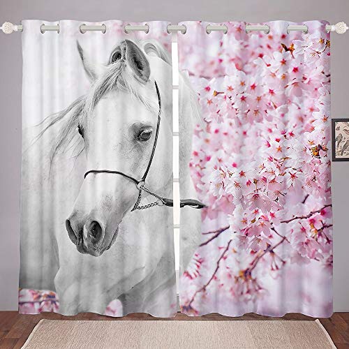 Prinz Rose Vorhänge 137x117cm Blume Weißes Pferd Gardinen Verdunkelungsvorhang Blickdicht Tier-Thema Eleganter Vorhang mit Ösen für Schlafzimmer 2er-Set Fenster Vorhänge von richhome