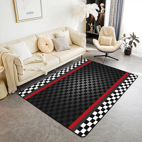 Racing Car Track Area Teppich 100x150,Schwarze Wabengeometrie rutschfeste Teppich, Schwarze weiße Flagge Plaid Dekor Teppich für Wohnzimmer Schlafzimmer von richhome