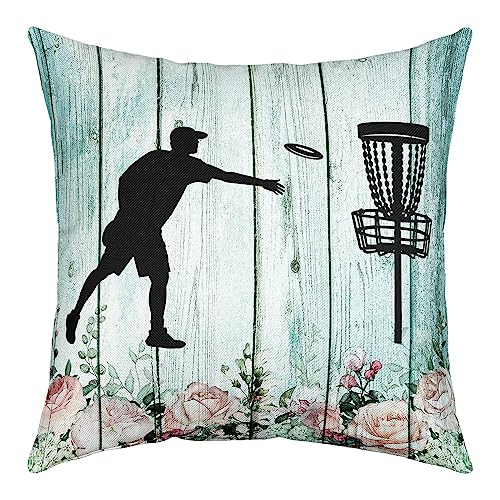 Retro Holz Streifen Kissenbezug Einzelpack, Disc Golf Korb Outdoor Sport Wurf Kissenbezug 16x16 Zoll, Dorf Stil Aquarell Blumen Blätter Raum Dekor Kissenbezug für Kinder Erwachsene von richhome