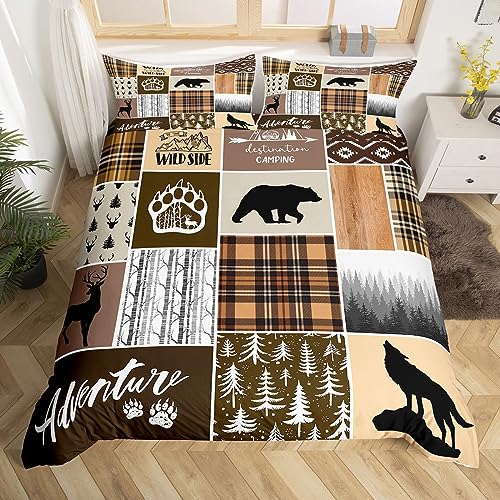 Rustikale Bauernhaus Bettbezug Set 135x200,Hirsch Geweih Bär Pfoten Plaids Patchwork Bettwäsche Set, Kiefern Weihnachten Tröster Bezug, Brown Quilt Cover,1 Kissenbezug Rustikale Bauernhaus Bettbezug Set 135x200,Hirsch Geweih Bär Pfoten Plaids Patchwork Bettwäsche Set, Kiefern Weihnachten Tröster Bezug, Brown Quilt Cover,1 Kissenbezug von richhome
