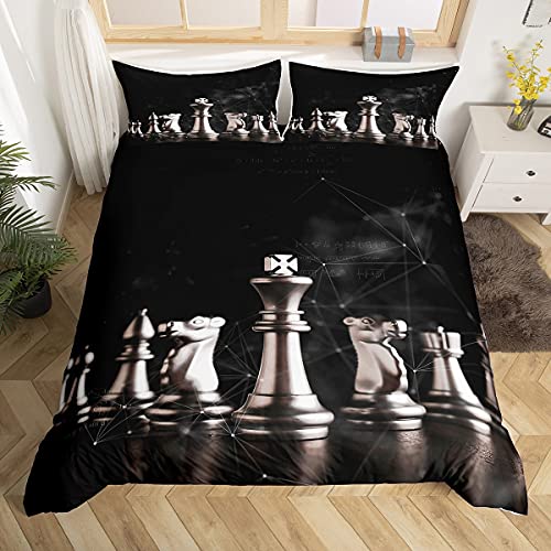 richhome Schach Bettwäsche-Set,Silber Chess Pieces 3D Bettwäsche Set 135x200cm,Dreiecksgeometrie Schwarz Betten Set für Kinder Jungen Mädchen Teenager 2St.Reißverschluss Mikrofaser von richhome