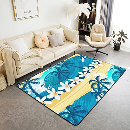 Tropischer Surfin Bereich Teppich100x150, Monddruck Floral Botanischer Rutschfester Teppich Blaue Meereswelle Surf Blumen Palmen Innenbodenmatte für Esszimmer Hinterhof Dekor von richhome