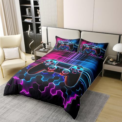 Videospiele Kinder Jungen Bettbezug Set Moderne Hexagon Honigwaben Bettbezug Lila Blau Neon Licht Bettbezug Set Gamer Gaming Ausrüstung Bettbezug Schlafzimmer Quilt Cover 155×220 100% Baumwolle von richhome