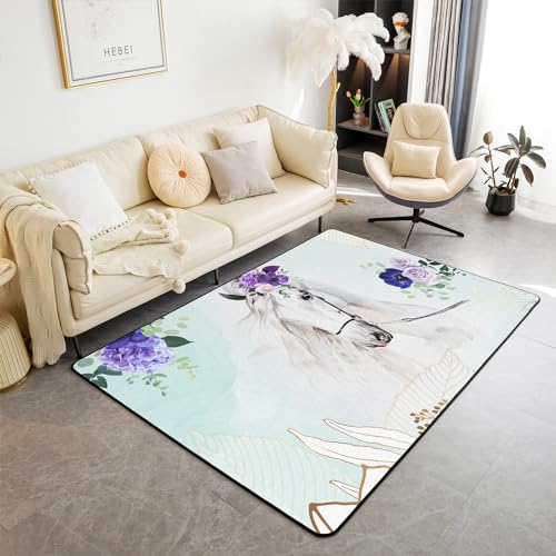 Weißes Pferd Bereich Teppich 100x150, Aquarell Blume rutschfeste Teppich für Frauen Männer, Tropische Palmenblatt Innenbodenmatte für Esszimmer Hinterhof von richhome