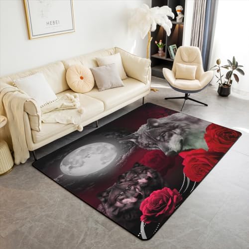 Wolf Bereich Teppich 150x200,Rote Blume Rose Dekor rutschfeste Teppich für Teens Erwachsene, Wilde Tiere Mond Innenbodenmatte für Stühle Sofa Schlafzimmer von richhome