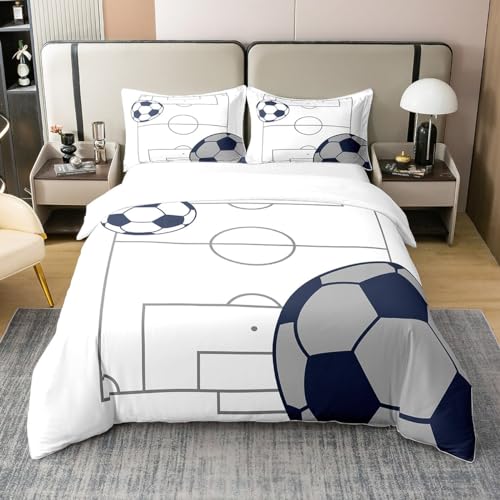 richhome 100% Baumwolle Aquarell Blau Fußball Bettbezug, Sport Fußball Spiel Tröster Abdeckung für Schlafzimmer, Moderne minimalistische Linie Kunst Tröster Abdeckung mit 1 Kissenbezug 135x200 Größe von richhome