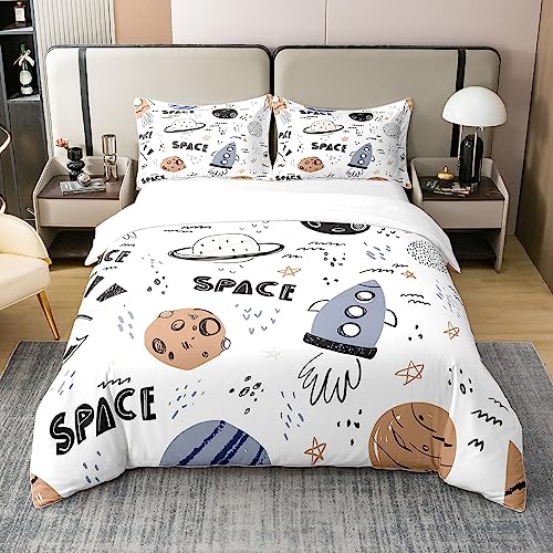 richhome 100% Cotton Universe Rocket Bettbezug 135x200,Hand Draw Outer Space Planeten Sterne Bettwäsche Set die ganze Saison, Streifen Dots Comforter Cover Bettwäsche (kein Tröster) von richhome