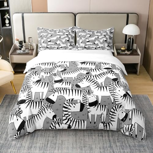 richhome 100% Natur Baumwolle Cartoon Zebra Bettbezug Set Schwarzer weißer Streifen Geometrie Tröster Cover Set 135x200 mit 1 Kissenbezug Wildtiere Thema Bettwäsche Set von richhome