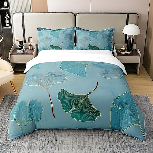 richhome 135x200 Bettbezug Ginkgo Leaf 100% Reine Baumwolle Bettwäsche Set Natur Botanische Goldene Blätter Bettwäsche Set Marmor Textur Blau Tröster Bezug 135x200 von richhome