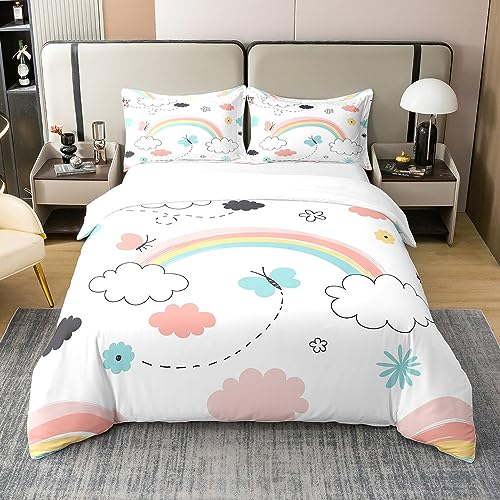 richhome 155x220 Bettbezug Regenbogen 100% Reine Baumwolle Tröster Abdeckung Wolken Blume Schmetterling Bettwäsche Set mit 1 Kissenbezug Cartoon Stil Regenbogen Quilt Cover von richhome