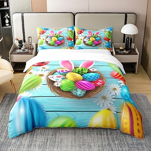 richhome 155x220 Trösterbezug Ostern 100% Gewaschene Baumwollbettwäsche Set Bunte Eier Daisy Flower Print Bettbezug Nettes Kaninchen Blue Stripe Bettwäsche Set von richhome