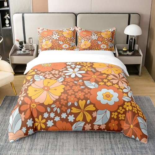 richhome 70er Jahre Groovy Flowers Bettbezug Set 100% Natürliche Baumwolle 135x200Hippie Retro Bauernhaus Pflanze Bettwäsche Set Braun Weiß Gelb Floral Cotton Comforter Cover von richhome