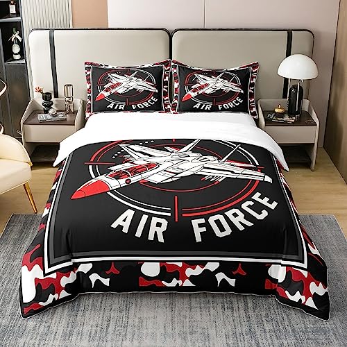 richhome Air Force 100% Natur Baumwolle Bettbezug 135x200,Armee Kämpfer Jet Flugzeug Bettwäsche Set, Retro Armee Tarnung Rot Weiß Schwarz Tröster Abdeckung von richhome
