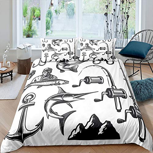 richhome Anker Bettwäsche-Set Angeln Bettwäsche Set 135x200cm Schwarz-Weiss Betten Set für Kinder Jungen Mädchen Teenager 2St.Bettbezug von richhome