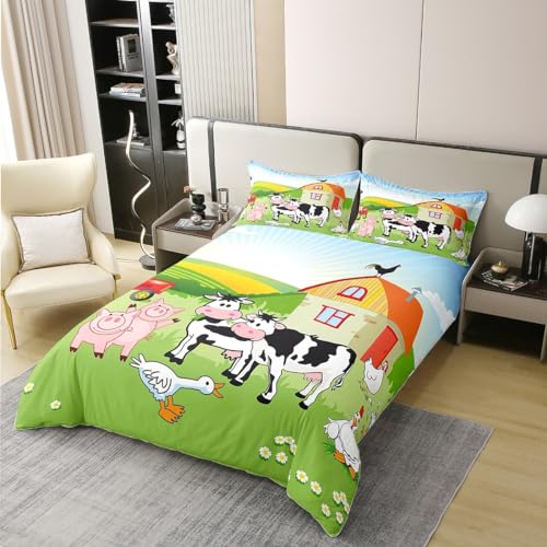 richhome Bauernhof Tiere 100% Natur Baumwolle Bettbezug Cartoon Kuh Schwein Tröster Bezug 135x200 mit 1 Kissenbezug Nette rustikale Kabine Western Bauernhaus Ästhetische Luxus Bettwäsche Set von richhome