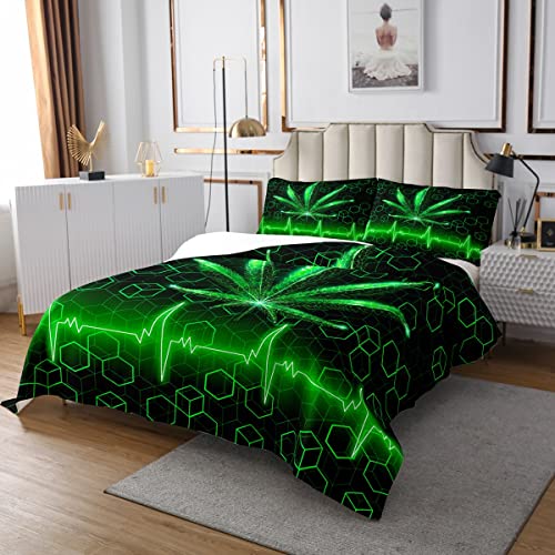 richhome Cannabisblatt Tagesdecke 240×260cm für Schlafzimmer Dekorativ, Grüne Pflanze Marihuana Unkraut Bettdecke Moderne Geometrische Print Bettwäsche gesteppt mit 2 Kissenbezügen von richhome