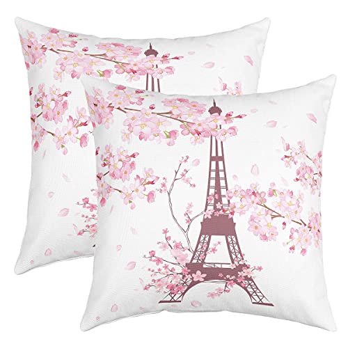 richhome Eiffelturm Wurf Kissenbezug, Rosa Kirschblüten Graffiti Doppelseiten Druck Kissenbezug, Romantische Floral Pflanze Quadratische Couch Kissenbezug Pack von 2,50x50 cm von richhome