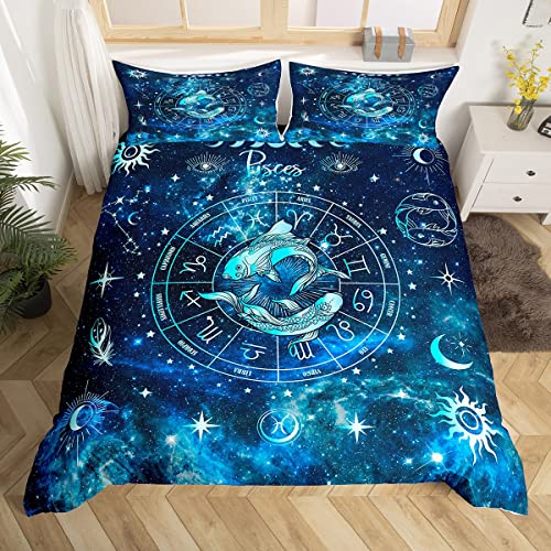 richhome Fische Kinder-Bettbezug-Set 135x200,Sonne-Mond-Sternenhimmel-Galaxie-Bettwäsche-Set,Kinderzimmer-Dekoration,Bettbezug mit 12 Konstellationen,Blauer romantischer Bettbezug,1 Kissenbezug von richhome