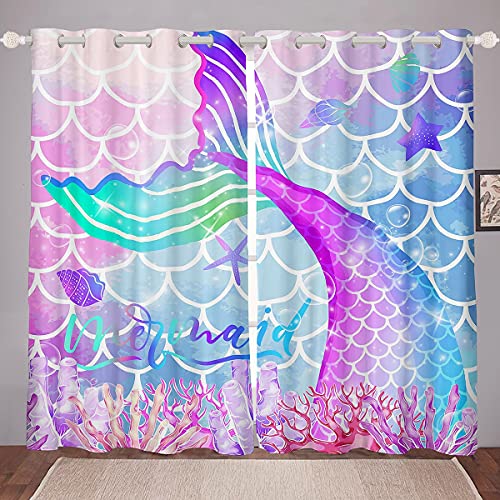 richhome Fischschuppen Fenstervorhang 245x140cm, Ausgefallene Meerjungfrau Geschichte Red Coral Ocean Conch Vorhänge für Kinder Mädchen Gedrucktes, Gardine 2er-Set Fenster Vorhänge,Lila von richhome